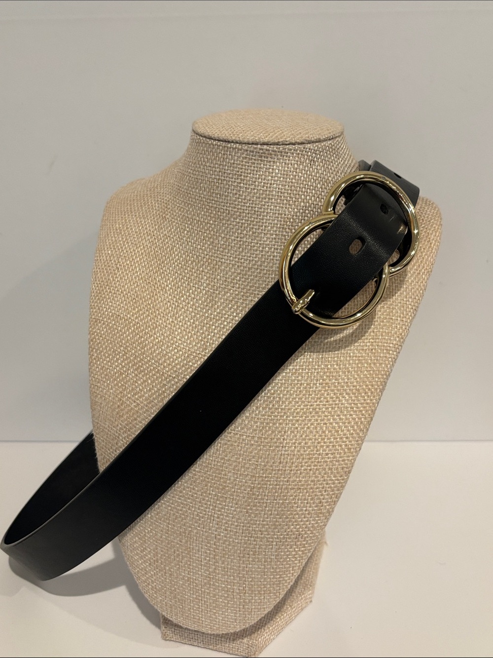 Women's Black Fashion Belt Gold Interlocking Double Circle Buckle sz S / 35”